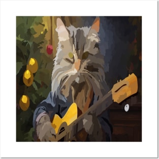 watercolor cat playing guitar with Christmas tree Posters and Art